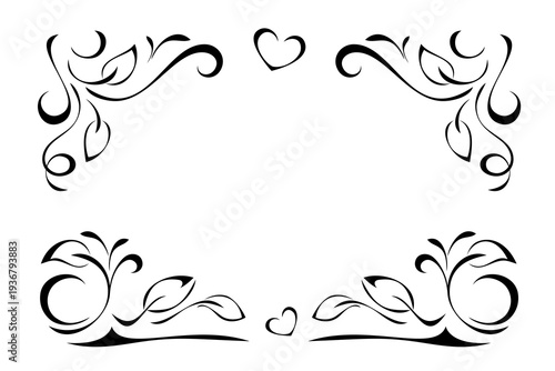 decorative symmetrical frame with stylized leaves, vignettes and curls; graphic design