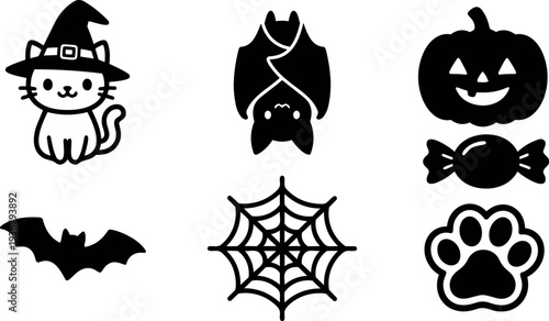 Flat design cute halloween icon set kitten witch bat pumpkin candy spider web paw simple black silhouettes for seasonal designs