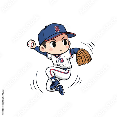 Cute Cartoon Baseball Player Pitching with Determination.