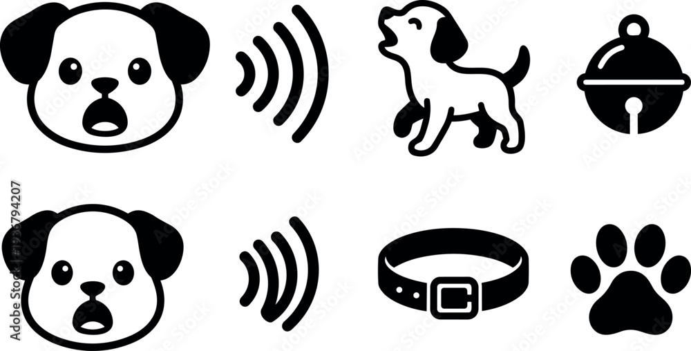 Obraz premium Flat design close up barking dog face icon and standing puppy with collar bell paw print and sound waves minimal
