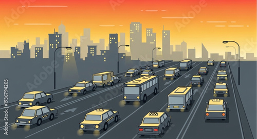Traffic Jam on Urban Highway During Sunset.