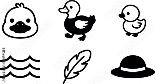Flat design icon set close up duck head walking duck small duck water waves feather bowler hat simple black white
