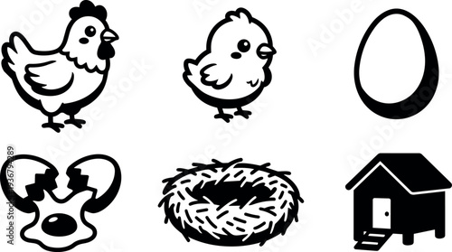 Flat vector barnyard egg icons showing hen chick whole egg cracked egg nest and chicken coop in black line style
