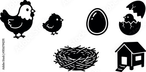 Flat design set of chicken and chick icons with egg nest and coop silhouette top view simple black vector collection