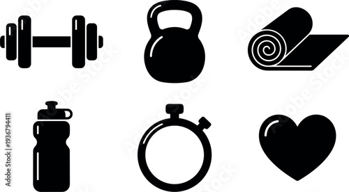Flat design six fitness icons showing dumbbell kettlebell yoga mat water bottle stopwatch and heart in simple black vector set