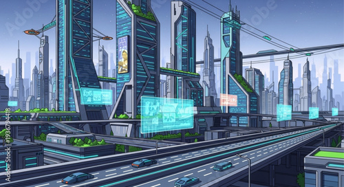 Futuristic Cityscape with Tall Skyscrapers and Elevated Railways.