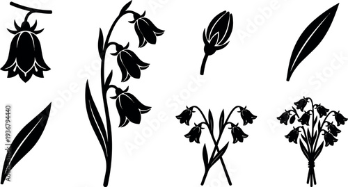 Flat design close up drooping bluebell stem with buds leaves and bouquet set in simple black silhouette vector isolated icons