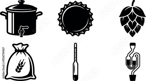 Flat design brewery icon set six simple black silhouettes kettle tap bottle cap hop grain sack thermometer airlock close up