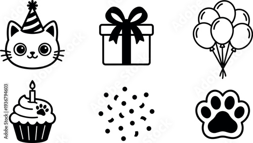 Flat line icon set cat with party hat gift box balloons cupcake confetti paw print birthday celebration vector design