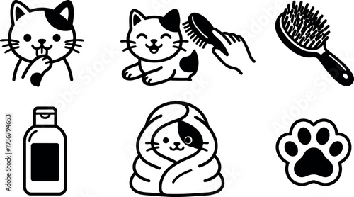 Flat design cat grooming icon set showing playful cat licking paw brushing cat wrapped towel shampoo bottle paw print outline