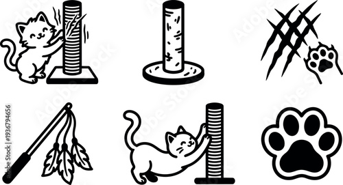 Flat line art cat scratching post icons set with playful kitten paw print claw marks and feather wand close up