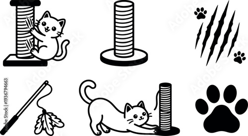 Line art flat design kitten scratching a sisal post with paw prints scratch marks and toy feather wand close up