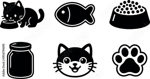 Flat design cat food icon set showing six black silhouettes including eating cat close up face and paw jar fish