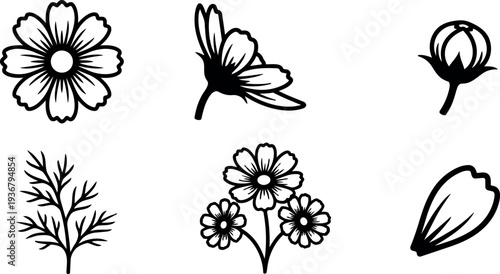 Line art floral icon set six blossom bud and petal silhouettes in black vector layout with clean minimalist flat look