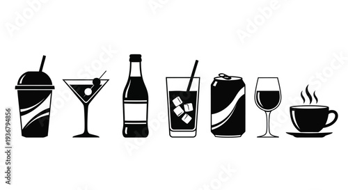 Collection of simple black and white vector graphic icons representing various popular beverages available for consumption