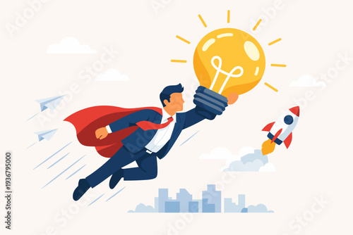Superhero Businessman Flying with Glowing Light Bulb Idea to Boost Business Success, Innovation and Creativity for Winning Competition, Startup Launch with Rocket and Paper Planes Background