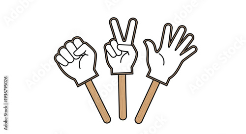Vector graphic illustration showing three distinct hand gestures on sticks ready for game play or fan cheering activities
