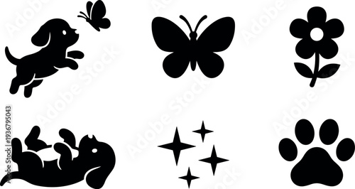 Flat design playful dog and nature icon set six black silhouettes in grid showing puppy with butterfly flower paw sparkles