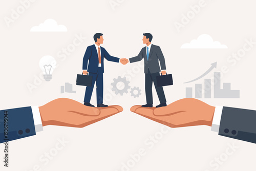 Business Partnership Negotiation Concept with Confident Businessmen Shaking Hands on Giant Supportive Hands to Reach an Agreement, Successful Deal, or Corporate Merger in a Professional Setting.
