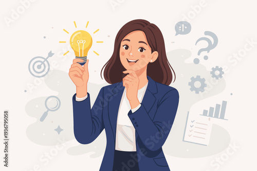 Professional Businesswoman Holding a Glowing Lightbulb Representing Creative Ideas, Innovation, Problem Solving, and Strategic Planning for Career Success with Business Analysis Icons.
