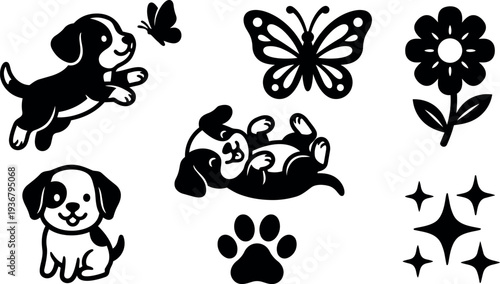 Flat design playful puppy icons set jumping puppy chasing butterfly sitting puppy rolling pup paw print flower cute silhouette sparkles
