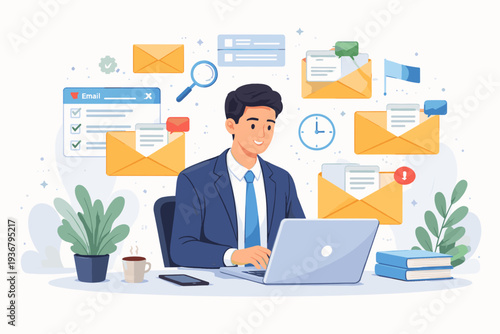 Professional Businessman Handling Many Emails on Laptop, Concept of Inbox Management, Digital Communication Efficiency, Productive Workflow, and Task Organization in Modern Office Illustration.