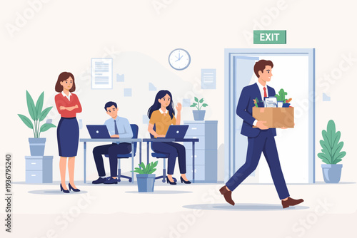 Businessman Resigning and Leaving Office with Box of Belongings, Great Resignation Concept, Employee Quitting Job for New Career, Human Resources Management Problem, Flat Vector Illustration.