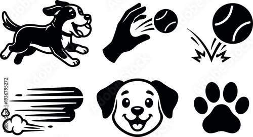 Flat design playful dog icons set showing running dog catching ball paw print speed motion smiling face hand toss toy