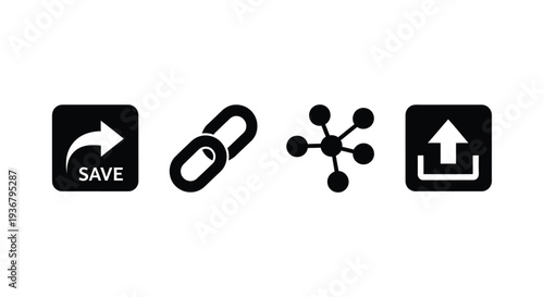 A set of four essential vector graphic icons representing save link share and upload functions for user interfaces