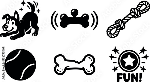 Flat design playful dog toy icon set with bone rope ball smiling dog and fun badge in simple black silhouette