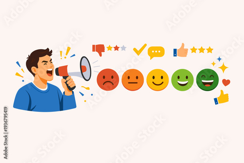 Man shouting into megaphone with customer satisfaction feedback icons, rating scale from sad to happy emojis, stars, thumbs up, and review symbols for business evaluation and client experience.