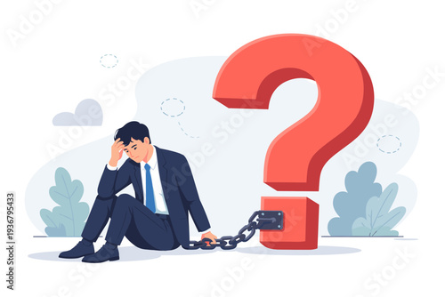 Stressed Businessman Chained to a Giant Red Question Mark Representing Struggles with Unanswered Questions, Professional Problems, Career Difficulties, Unsolvable Quests, and Work-Related Anxiety