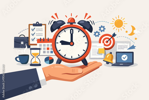 Time Management Concept with Hand Holding Alarm Clock and Business Productivity Icons like Calendar, Checklist, Hourglass, and Target for Efficient Work Planning, Scheduling, and Deadlines.