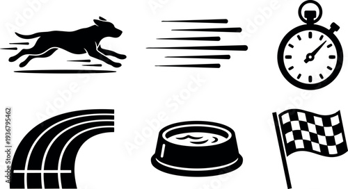 Flat design close up running dog silhouette with motion lines stopwatch bowl racetrack and checkered flag icons minimal black vector