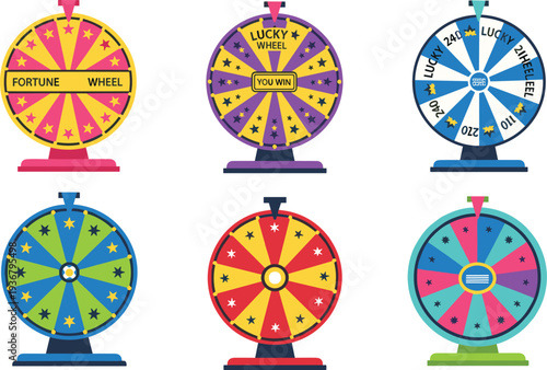 Colorful Lucky Spin Wheel Icon Set Featuring Fortune Prize Spinner Carnival Game Show Casino Lottery and Contest Elements.
