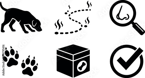 Flat design dog sniffing close up with scent trail magnifier nose paw prints and treat box simple black icons set
