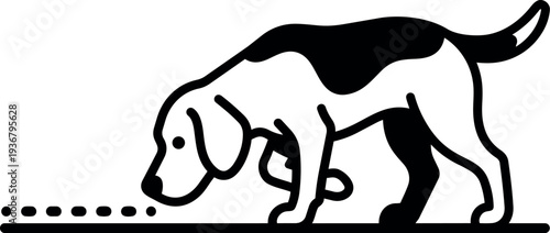 Line art side view dog sniffing dotted scent trail on floor with visible paw position and minimal outline clean graphic