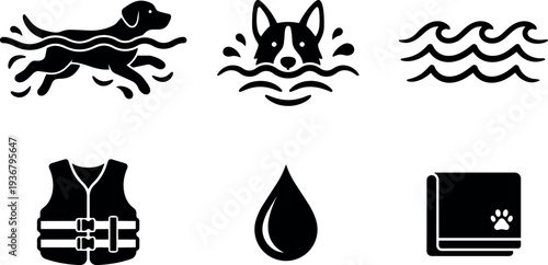 Flat design set of black dog swimming icons showing running dog front view head above waves life jacket towel symbol