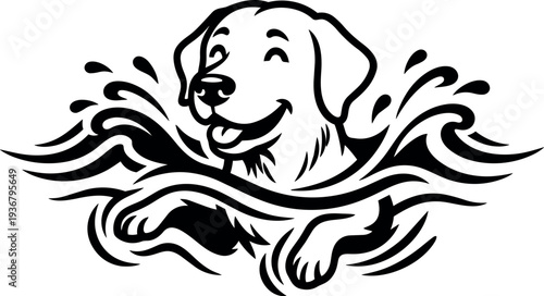 Tribal line art happy dog swimming front paws splashing water waves close up playful mascot design vector black white illustration