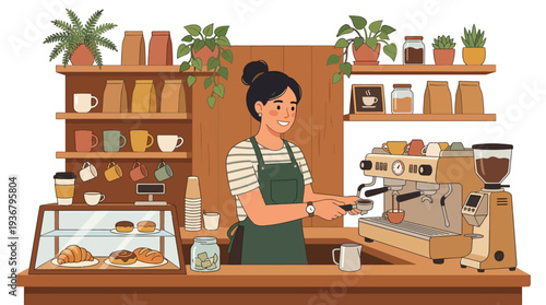 Barista serving coffee in a cozy cafe with pastries and plants.