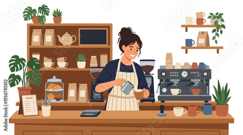 Woman preparing coffee in a cozy coffee shop with various coffee equipment and plants.