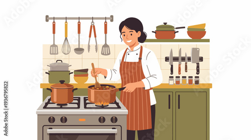 Woman cooking in a modern kitchen with pots on the stove.