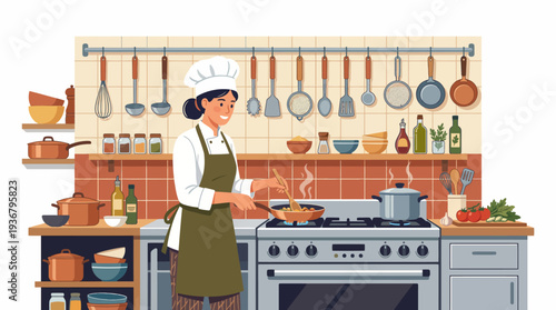 Woman chef cooking in a modern kitchen with various utensils and ingredients.