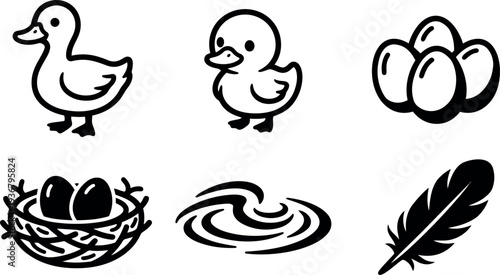 Line art duck and egg icon set with duckling nest feather water ripple close up flat vector icons black outline
