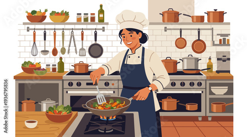 Chef Cooking in a Modern Kitchen with Various Utensils and Ingredients.