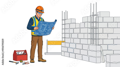 Construction worker reviewing building plans on a construction site.