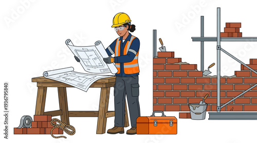 Female construction worker examining architectural plans at a building site.