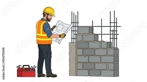 Construction worker reviewing building plans at construction site.