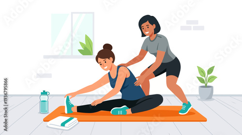 Personal yoga training session with instructor assisting client on a mat.