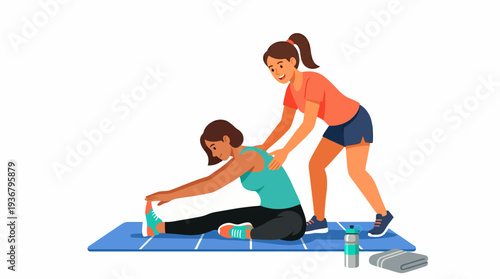 Woman stretching on yoga mat with trainer assistance.